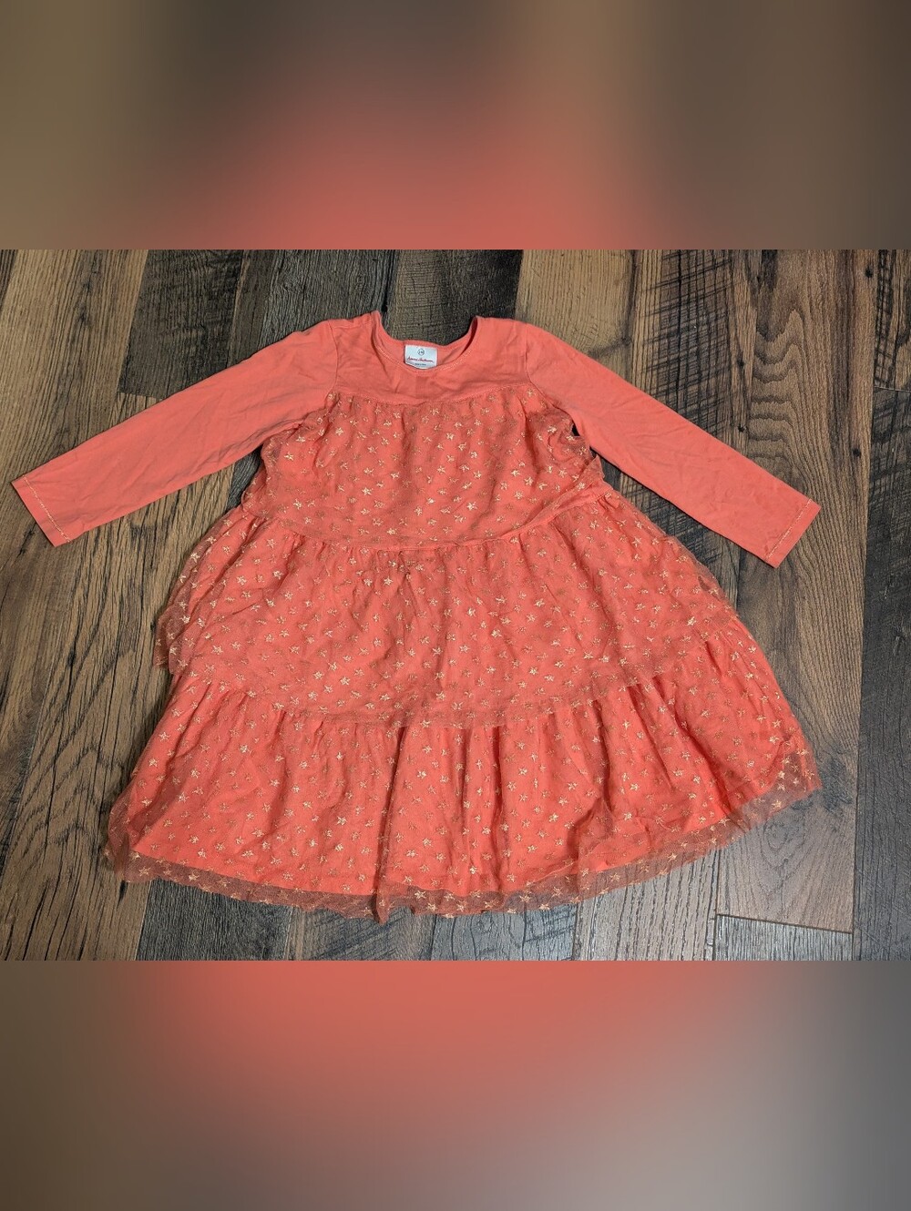 Hanna Andersson Girls 130 Sz 8 Coral Pink Gold Metallic Star Tulle Tiered Dress